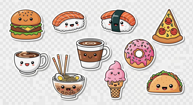 Cartoon food items with smiley faces.