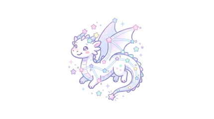 Fototapeta premium Cute little dragon with wings and stars illustration.