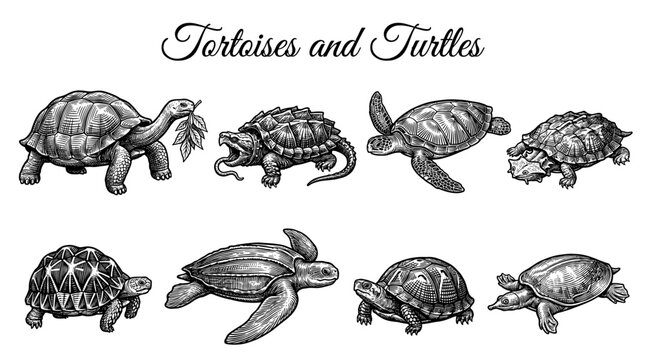 Collection of Vintage Engraved Tortoises and Turtles. Hand Drawn Retro Illustration Set featuring Sea Turtle, Galapagos Tortoise, Snapping Turtle, Leatherback, and Mata Mata in Etching Style