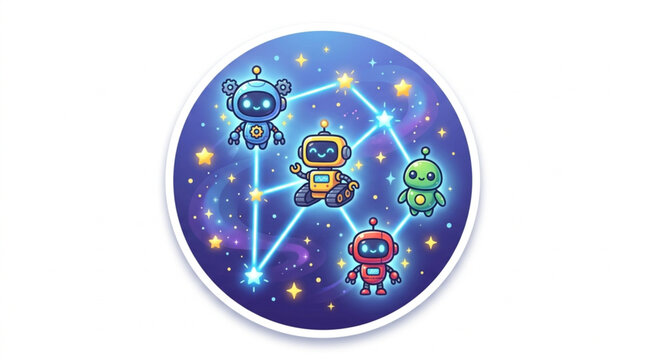 Cute robots in a constellation pattern in space.