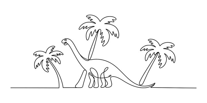 Continuous single line drawing of a cute dinosaur standing near tropical palm trees in a prehistoric nature landscape for kids room wall decor art Vector, illustration
