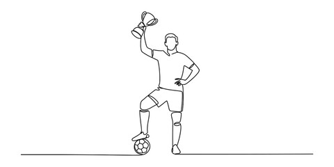 Continuous single line drawing of a soccer player holding a trophy cup and standing with a football ball at his feet representing victory and success Vector, illustration © D-Stocker2026