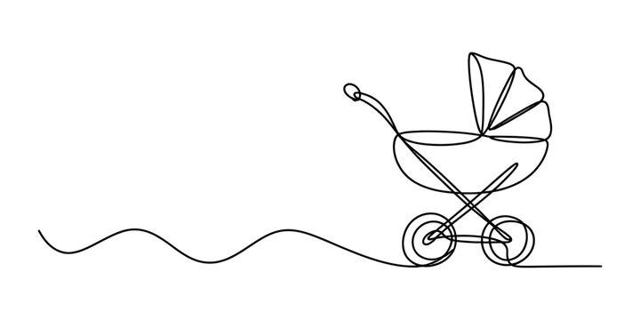 Continuous single line drawing of a baby stroller carriage pram for newborn baby travel and transportation gear in minimalist black and white style Vector, illustration