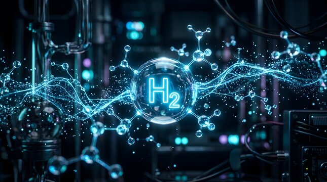 Futuristic 3D visualization of a hydrogen H2 molecule symbol in a laboratory. Concept of clean energy, sustainable technology, green fuel, and chemical innovation for a carbon-neutral future