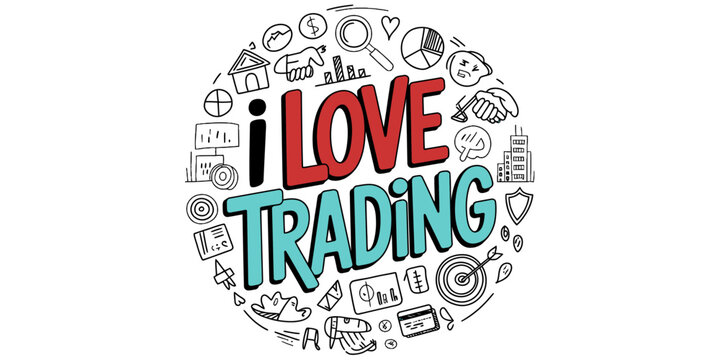 I love trading text with hand drawn business and finance icons sketch in a circle arrangement for investment and stock market concept design Vector, illustration
