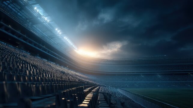 Empty soccer stadium in the evening with soft light, glowing fixtures, and realistic 3D-rendered architecture under a moody sky.