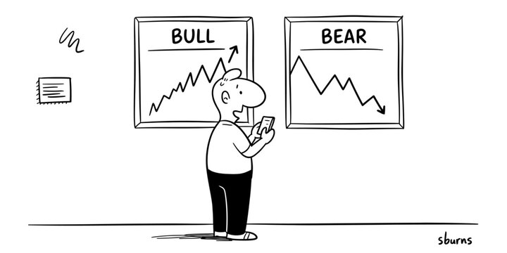 A man looking at his smartphone while standing in front of two wall charts showing bull and bear stock market trends in a simple cartoon style Vector, illustration