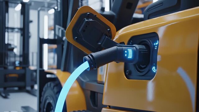 Electric yellow forklift charging in warehouse. Industrial vehicle plugging into power cable for energy. Sustainable logistics and modern fuel technology concept.