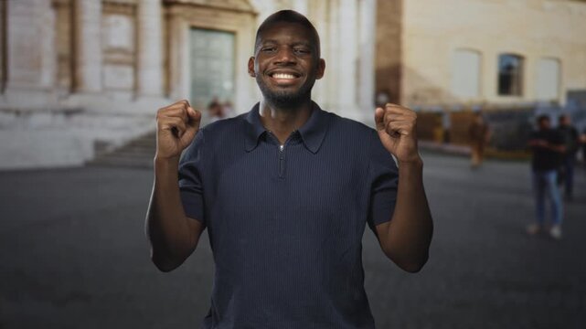 Man smiling with clenched fists raised on a street in front of a stone building, eyes closed and elbows bent in a celebratory pose; joy.