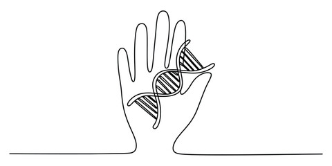 Obraz premium Continuous single line drawing of a human hand holding a dna strand symbol Vector, illustration