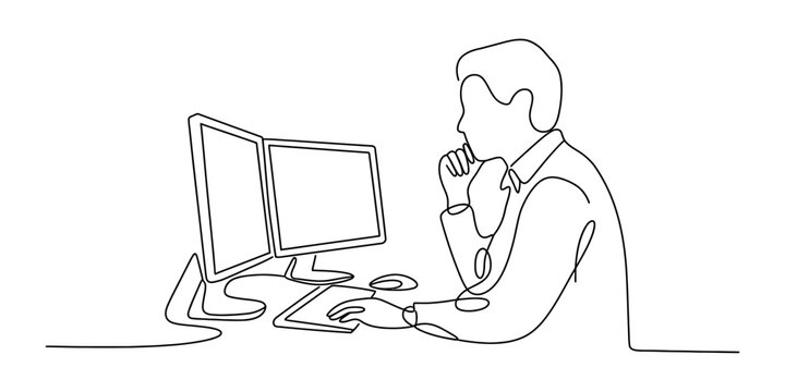 Continuous single line drawing of a man working on a computer sitting at a desk and looking at two monitors for office business or technology work Vector, illustration