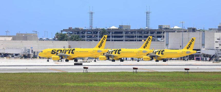 After going out of business on May 2, 2026, three Spirit jets are parked at the Fort Lauderdale Hollywood International Airport. 
