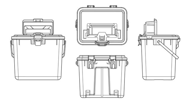 Sharps container technical drawing blueprint with front side back and top views CAD line art vector illustration