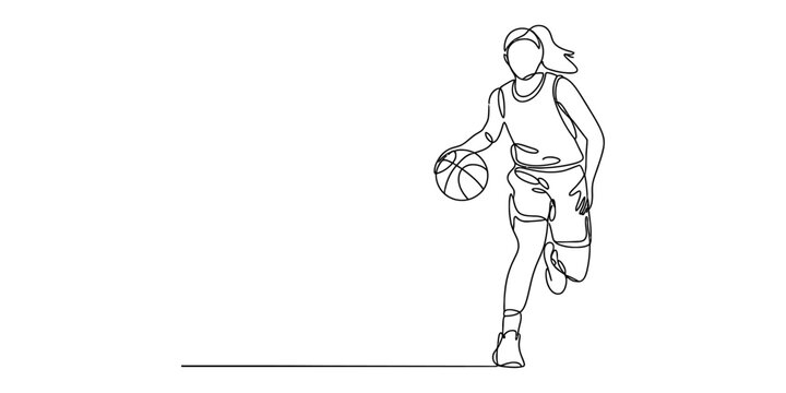 Continuous single line drawing of a female basketball player dribbling the ball while running fast in a sports game during a match competition Vector, illustration