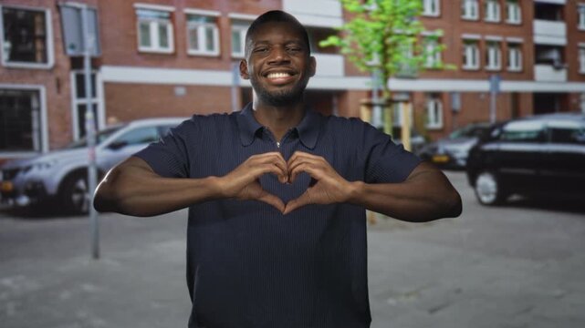 Young black man forming heart with hands on urban street in front of brick building, smiling warmly; love joy gratitude.