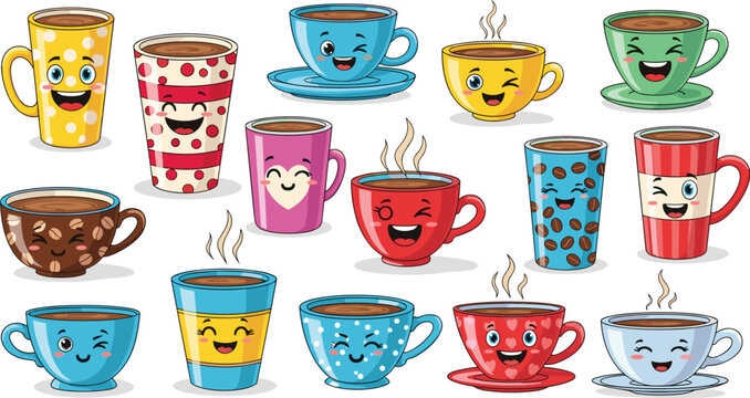 Cute Cartoon Coffee Cup Character Set with Funny Smiling Expressions and Colorful Patterned Mugs for Cafe Sticker Vector Graphic Designs
