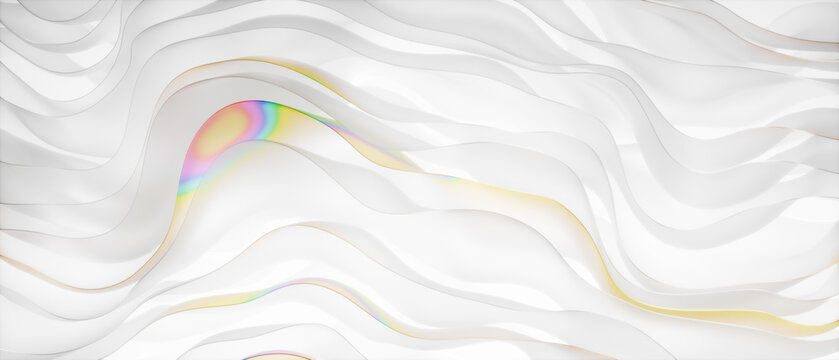 Abstract background of partly colored wavy glass elements. Rainbow colors - 3d render, web banner format