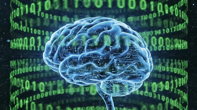 Digital brain with binary code background.