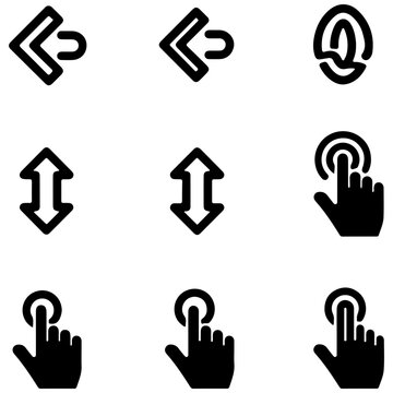 Hand cursor icons with click selection and navigation arrows on white background
