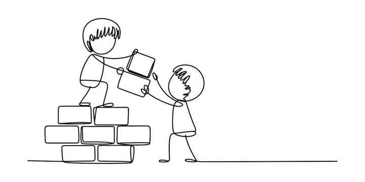 Two children working together building a wall with bricks as a team effort in a simple continuous line drawing style illustration for education Vector, illustration