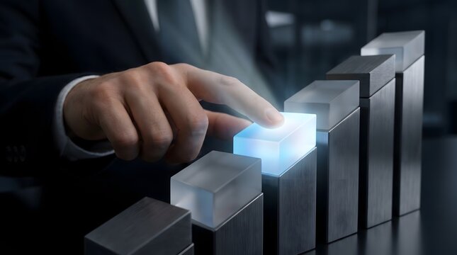 Businessman Touching Glowing Virtual Block Interface