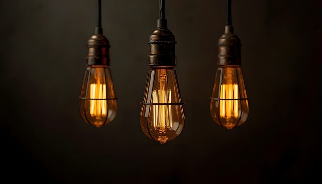 Three vintage edison light bulbs hanging against a dark background