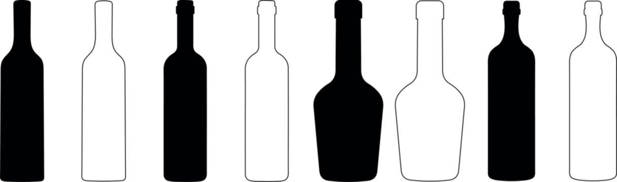 Set with alcohol bottles vector icons. set with alcohol bottles vector icon. black silhouette wine and liquor bottles arranged  against a white background.