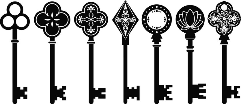 Vintage skeleton key vector illustration set with ornate black silhouettes and decorative antique lock designs