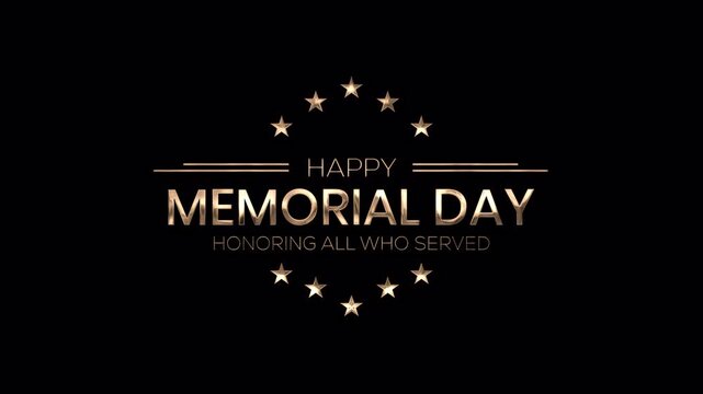 Memorial day text animation with a gold graphic honoring brave servicemen. 4K Video. Alpha Channel. Suitable for patriotic social media posts and themed advertising campaigns.