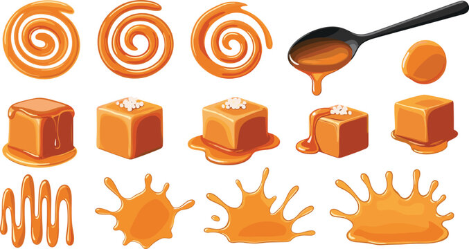 Caramel sauce vector illustration set with swirls, cubes, spoon drizzle, splashes, and sweet dessert toppings