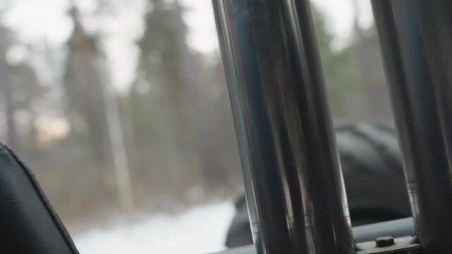 Atv roll cage interior view, sturdy black bars framing spare tire, pine forest background with snow, textured metal and chassis details, protective structure focus and quiet mechanical atmosphere