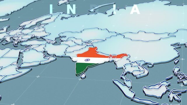A digital 3D map highlighting India, India flag, India map, circle interface,
