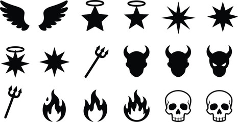 Good and evil solid icon set featuring angel wings holy halo stars devil horns pitchfork flames and skulls vector illustrationGood and evil solid icon set featuring angel wings holy halo stars devil h © MdAnowar