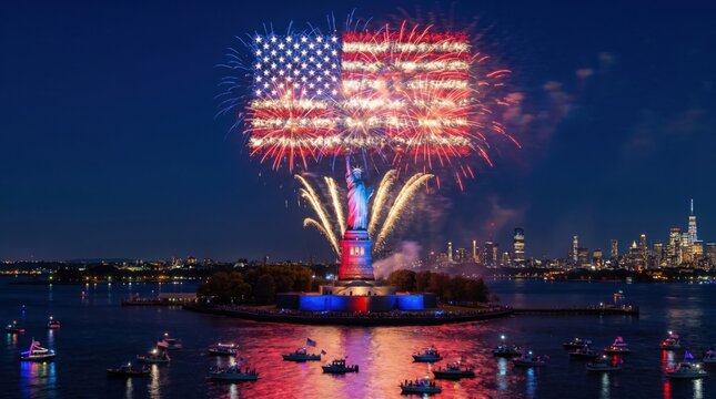 Statue of liberty fireworks display shaped like american flag above harbor at night.