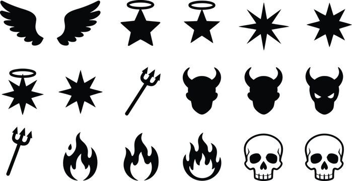 Good and evil solid icon set featuring angel wings holy halo stars devil horns pitchfork flames and skulls vector illustrationGood and evil solid icon set featuring angel wings holy halo stars devil h
