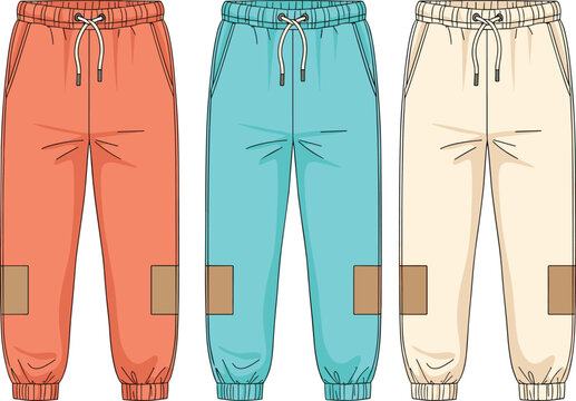 Casual jogger pants vector illustration set with drawstring waist, elastic cuffs, and patch pockets