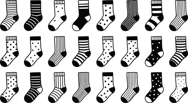 Large collection of patterned socks vector illustrations with polka dots stripes and solid colors isolated on white background flat graphic designLarge collection of patterned socks vector illustratio