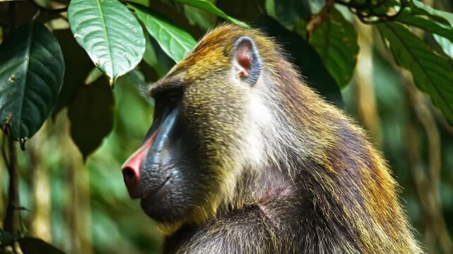 A detailed close-up shot of an adult mandrill displaying its vibrant red nose, blue ribbed facial markings, and golden yellow beard against a dark natural background.