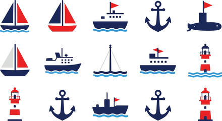Fototapeta premium Nautical maritime icon set featuring sailboats anchors cruise ships submarines and lighthouses isolated on white background vector illustrationNautical maritime icon set featuring sailboats anchors cr
