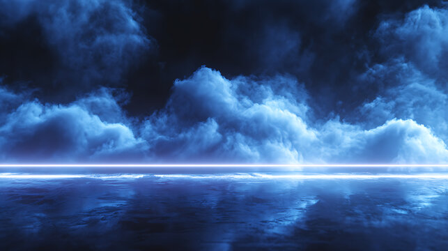 Futuristic blue neon smoke fog effect with glowing mist energy for cyberpunk atmosphere, gaming backdrop or high-tech digital art