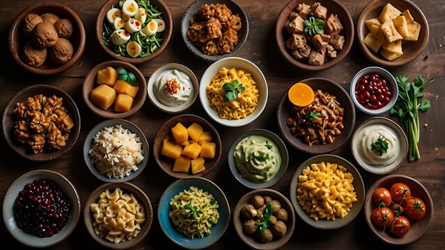 Delicious Assorted Asian Food and Appetizers Collage Displaying Variety of Noodles Pasta Dumplings and Side Dishes in Ceramic Bowls for Restaurant Menu Concept