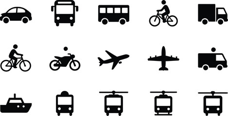 Transportation and travel solid icon set featuring car bus bicycle motorcycle airplane truck train and ship vector illustrationTransportation and travel solid icon set featuring car bus bicycle motorc © Snowar