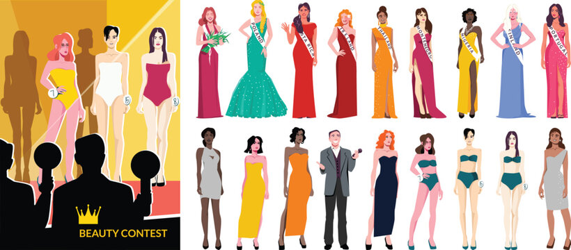 Beauty Contest Pageant Collection with Contestants in Evening Gowns and Swimwear Illustration