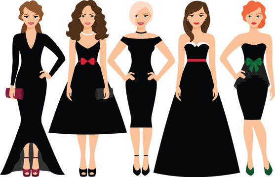 Collection of Elegant Women in Different Little Black Dresses and Evening Gowns Illustration