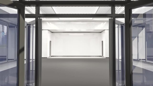 Sliding motion into a modern glass entrance to a building with a light natural stone facade and transparent double doors leading to the empty marble lobby with baffle ceiling lighting. 3d animation