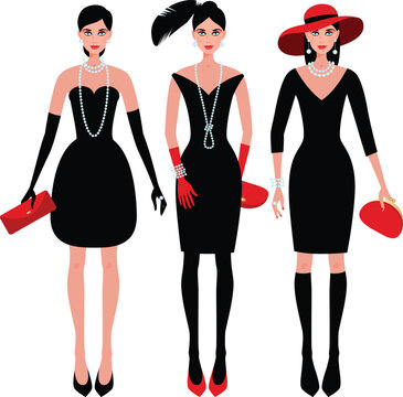 Elegant Women in Little Black Dresses with Red Accessories and Pearl Jewelry Fashion Illustration