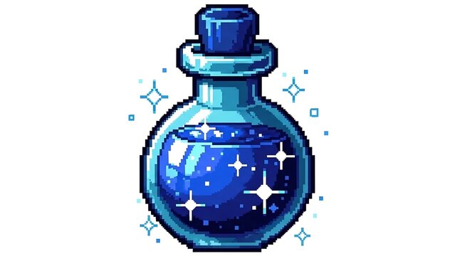 Pixel art blue magic potion bottle.