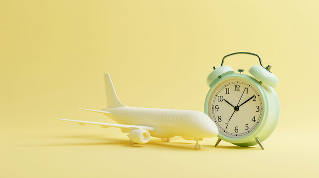 Airplane model standing next to alarm clock on yellow background. Symbolic representation of jetlag and time zone difference. Concept of travel planning and long distance flight scheduling.