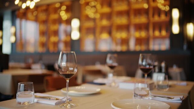 Elegant restaurant table setup with multiple wine glasses, plates, and warm ambient lighting