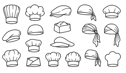 Hand Drawn Chef Hat Doodle Vector Set of 16 Culinary Headwear Outline Icons for Kitchen and Restaurant Design